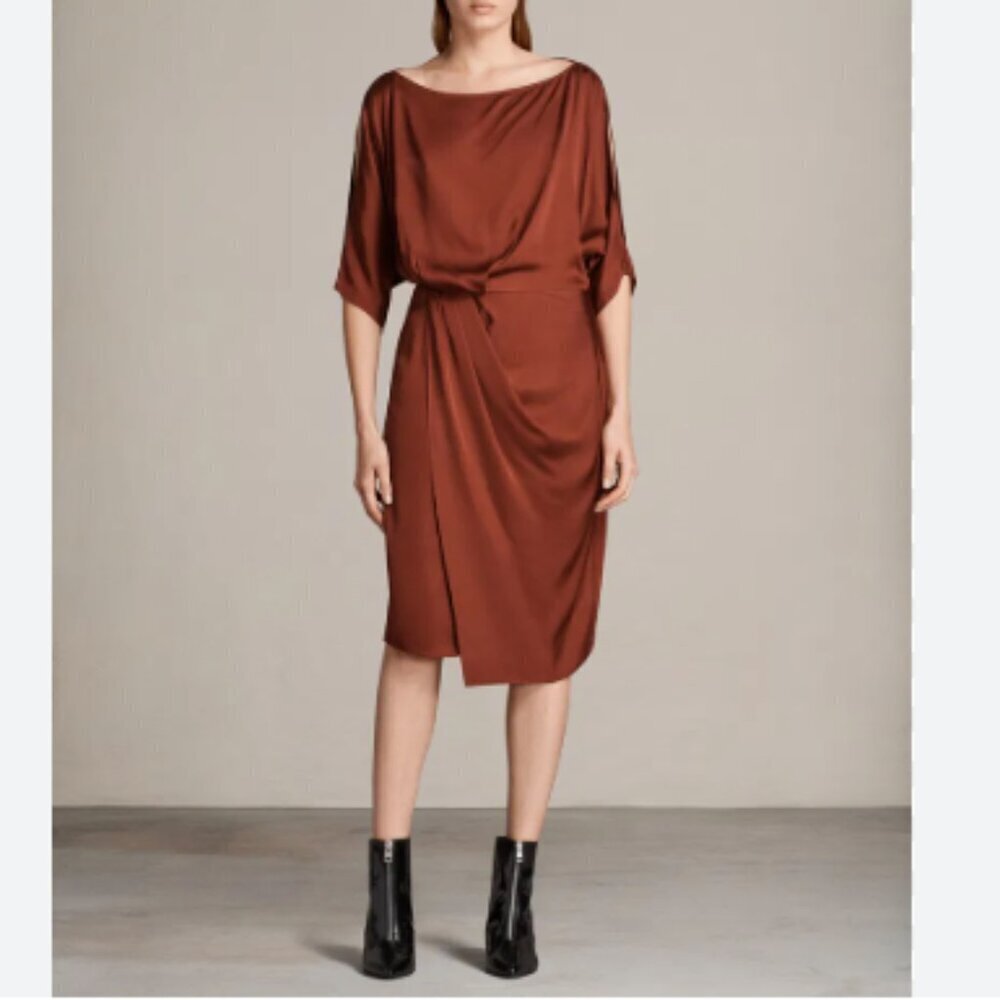 ALL SAINTS The Sina Copper Asymmetrical Split Draped Minimalist Dress Size 4